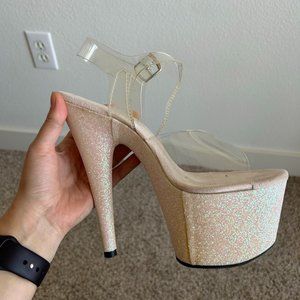 Pleasers Clear/Opal Multi-Glitter Heels Size 8